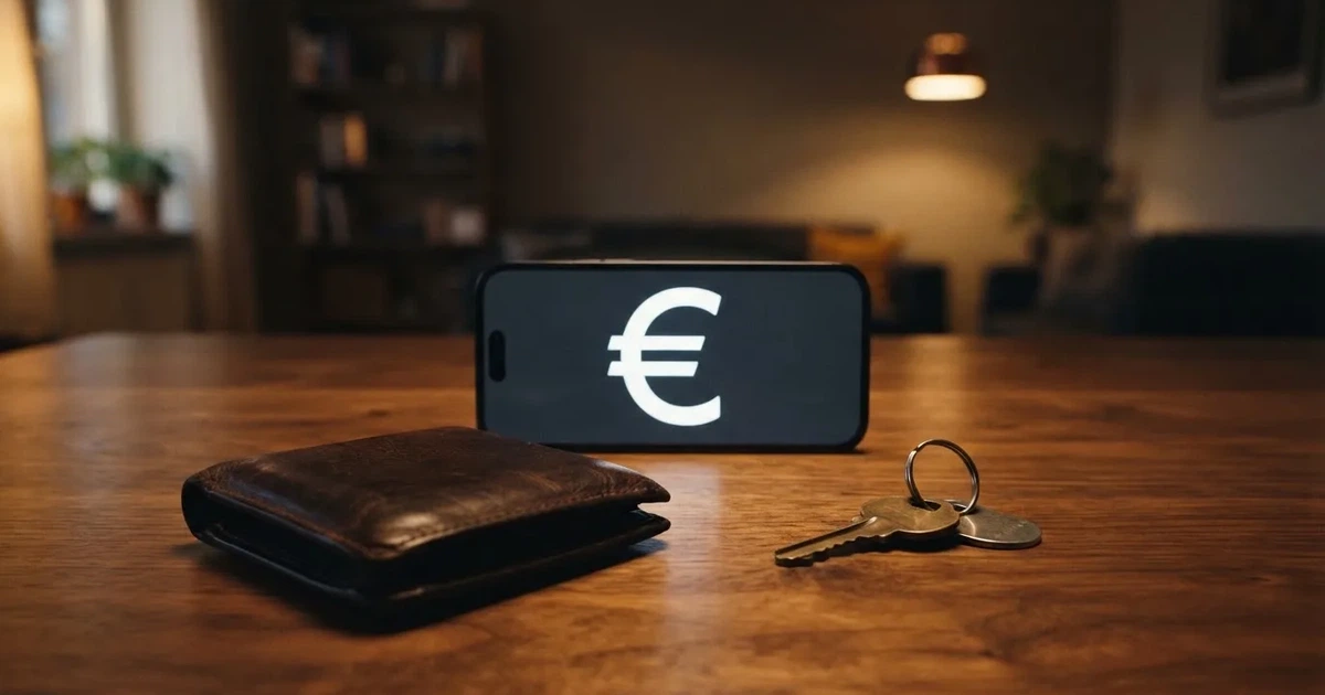 Ein Smartphone mit dunklem Display liegt neben einer Geldbörse und einem Schlüssel auf einem Tisch.
