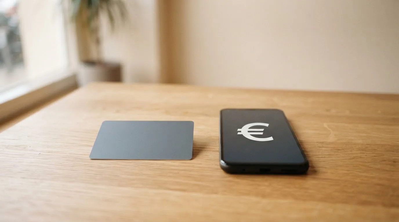 Eine Bankkarte ohne Aufdruck liegt neben einem Smartphone mit dunklem Display auf einem Holztisch.