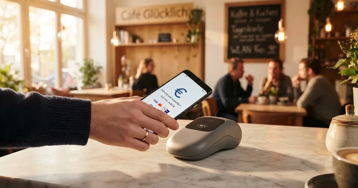 Eine Hand hält ein Smartphone dicht an ein Kartenlesegerät ohne erkennbare Beschriftung in einem Café.