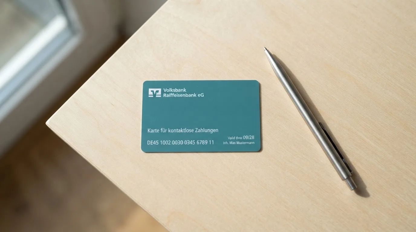 Eine Bankkarte ohne Aufdruck liegt neben einem Kugelschreiber auf einer Arbeitsplatte aus hellem Holz.