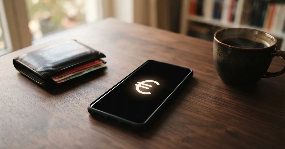 Ein Smartphone mit dunklem Display liegt auf einem Tisch neben einer Geldbörse und einer Tasse Kaffee.