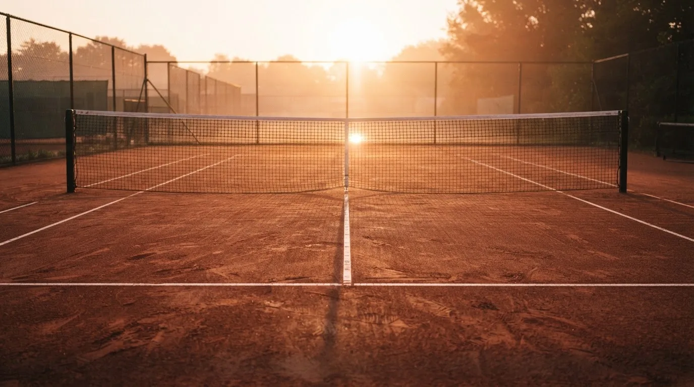 Ein Tennisplatz aus Sand bei Sonnenaufgang, das Netz im Gegenlicht, kein Mensch zu sehen.