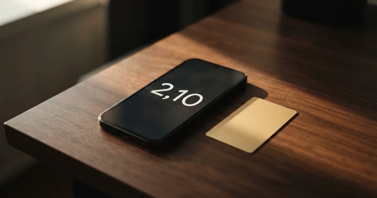 Eine einzelne goldfarbene Münze ohne Prägung liegt auf einem dunklen Tisch, daneben ein ausgeschaltetes Smartphone.