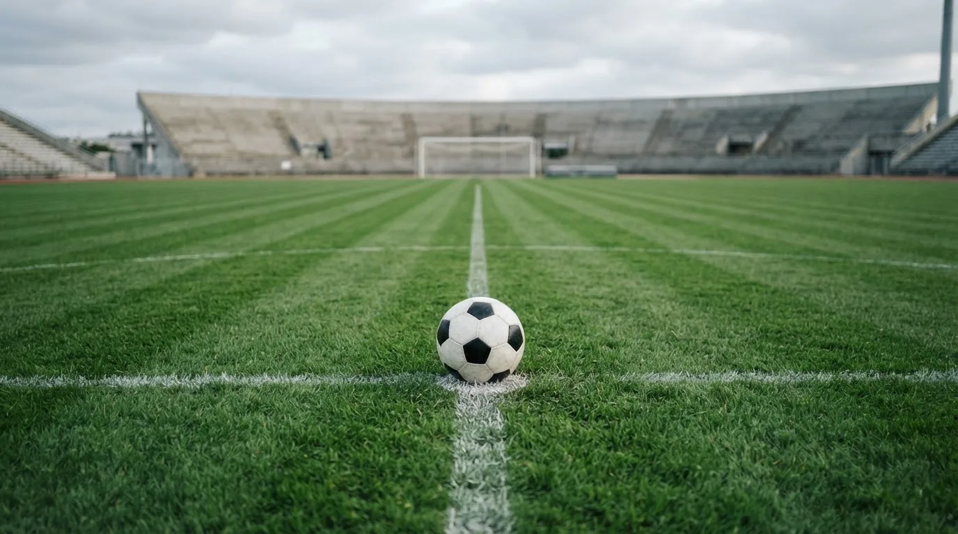 Ein Fußball liegt auf dem Anstoßpunkt eines leeren Rasenplatzes, im Hintergrund eine ruhige Tribüne unter bedecktem Himmel.