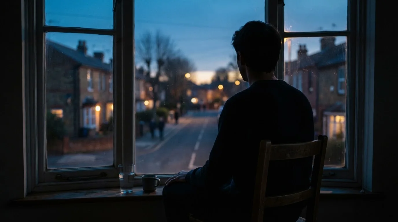Die Silhouette einer Person sitzt am Abend am Fenster und blickt auf eine Straße, auf dem Fensterbrett steht ein Glas Wasser.