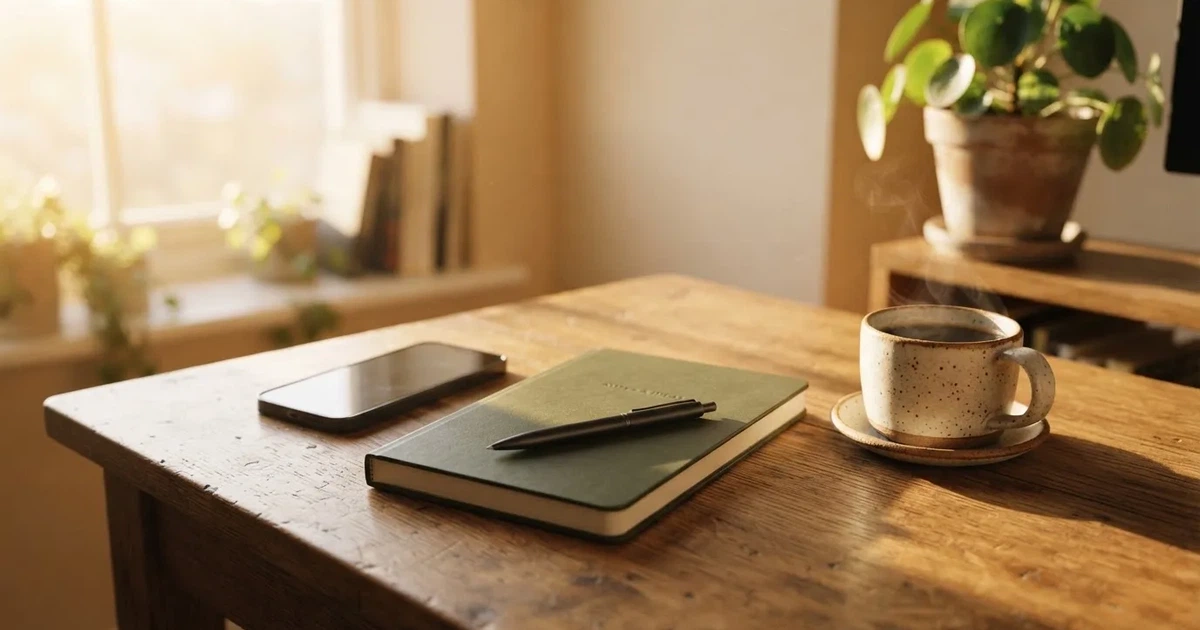 Ein Holzschreibtisch im Morgenlicht mit geschlossenem Notizbuch, Kugelschreiber und Kaffeetasse, daneben ein Smartphone mit dunklem Bildschirm.