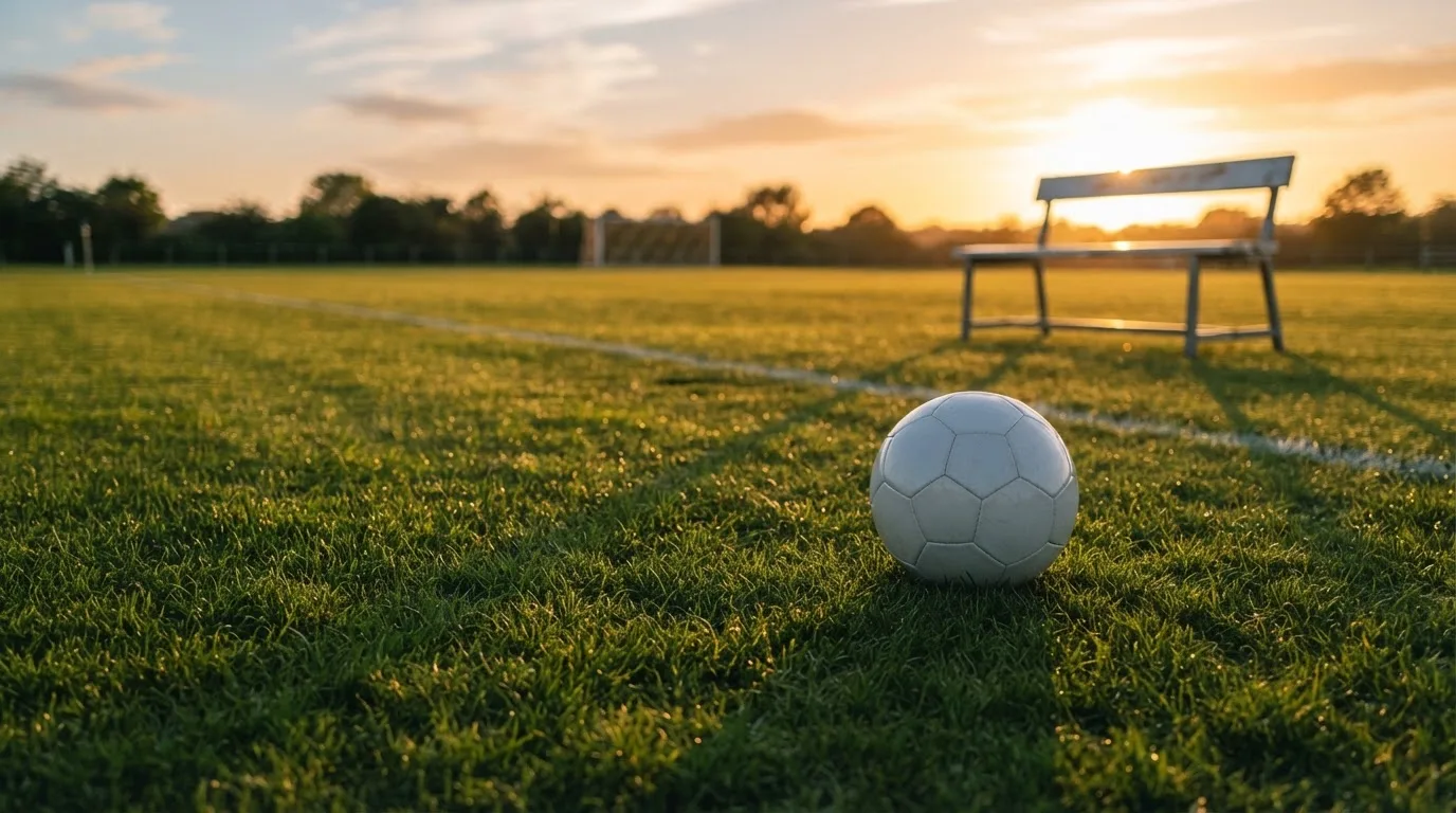 Ein Fußball auf einem Rasenplatz im Gegenlicht der tiefstehenden Sonne, am Spielfeldrand eine leere Ersatzbank.