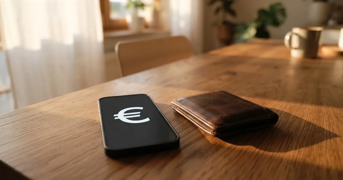 Ein Smartphone mit dunklem Bildschirm liegt neben einer Geldbörse und wenigen Münzen auf einem Holztisch im weichen Fensterlicht.