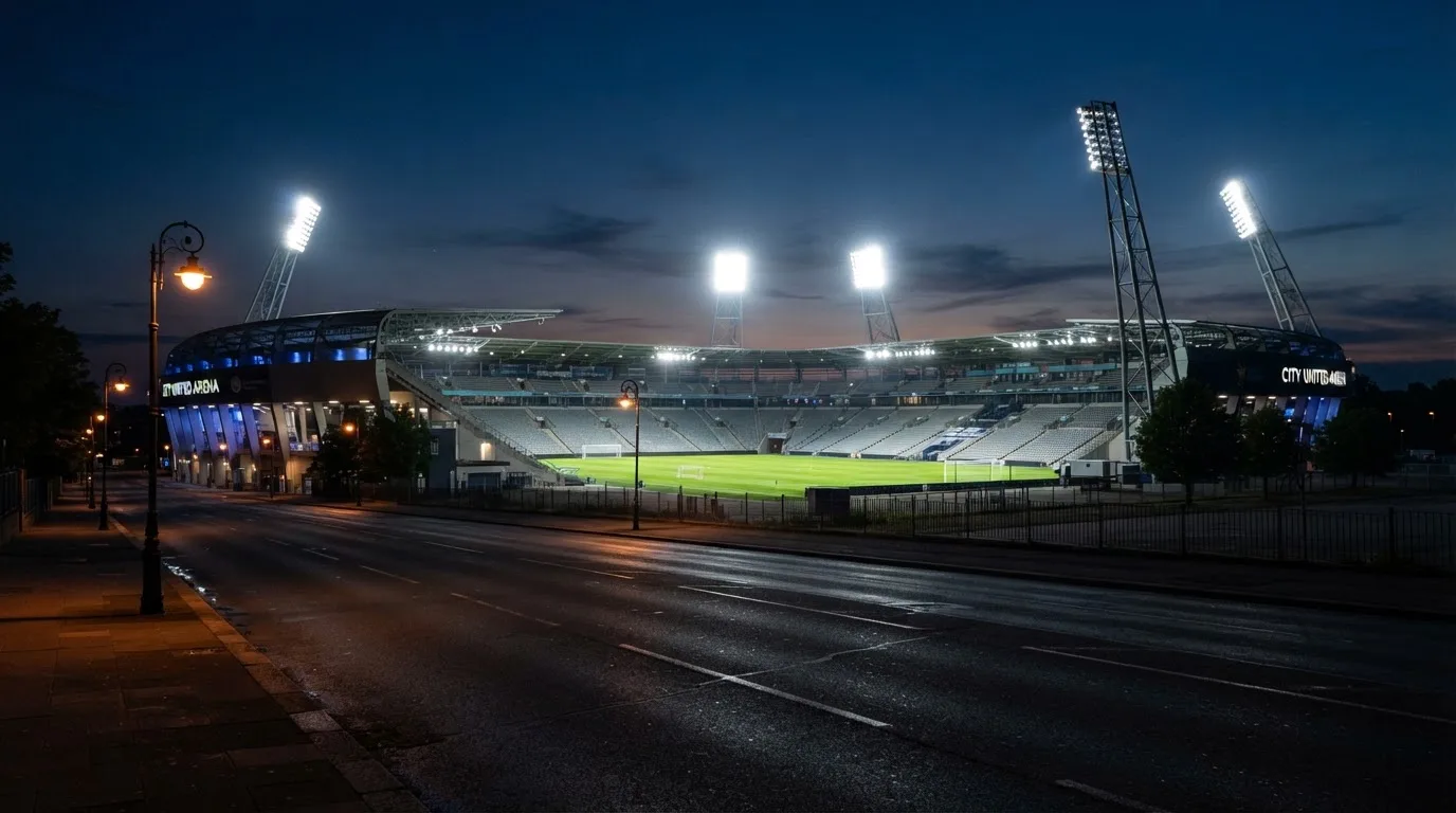 Ein Stadion unter Flutlicht aus der Ferne gesehen, davor eine dunkle Straße mit Laternen und ohne Menschen.