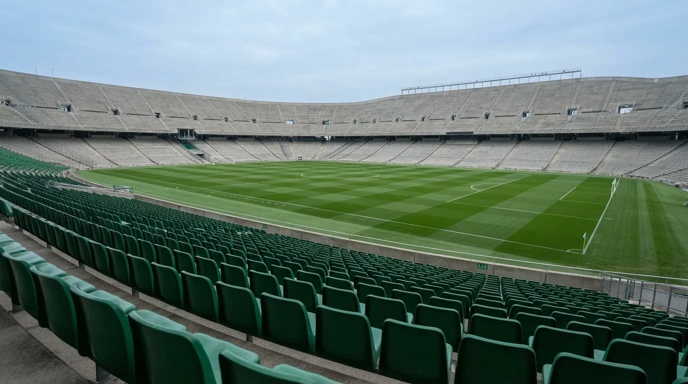 Ein leeres Fußballstadion bei Tageslicht von der Tribüne aus gesehen, der Rasen zeigt gleichmäßige Mähstreifen.