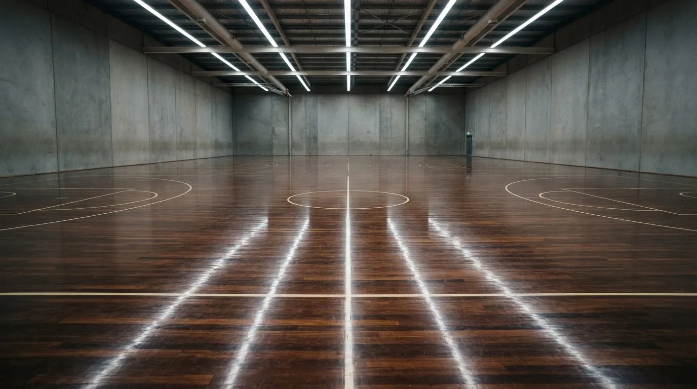 Ein Basketballfeld in einer leeren Halle, das Parkett spiegelt das Licht der Deckenlampen.
