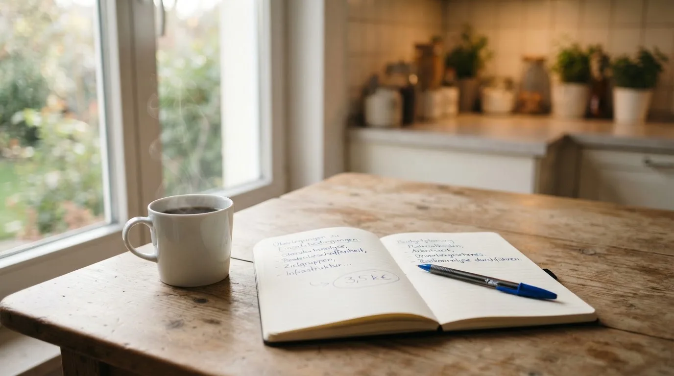 Eine Tasse Kaffee, ein Kugelschreiber und ein aufgeschlagenes leeres Notizbuch auf einem Küchentisch am Fenster.