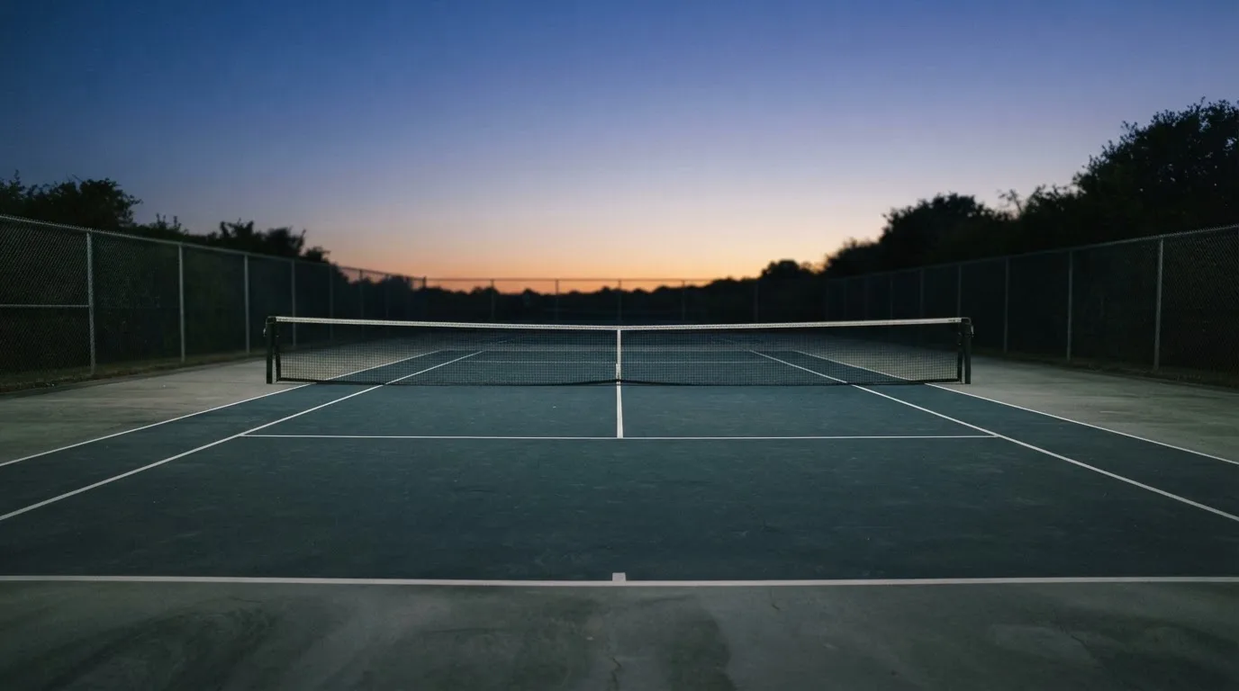 Ein Tennisplatz in der Dämmerung, Netz und Linien im Zwielicht, ohne Menschen und mit ruhigem Himmel.