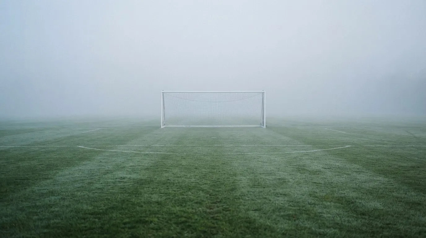Ein Fußballtor mit Netz im Morgennebel auf einem leeren Platz, die Linien nur schwach zu erkennen.
