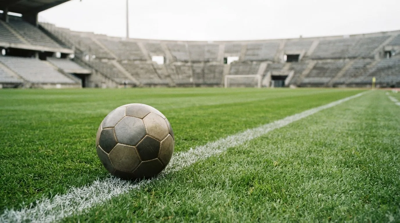Ein Fußball liegt am Spielfeldrand eines Rasenplatzes, im Hintergrund eine leere Tribüne unter hellem Himmel.