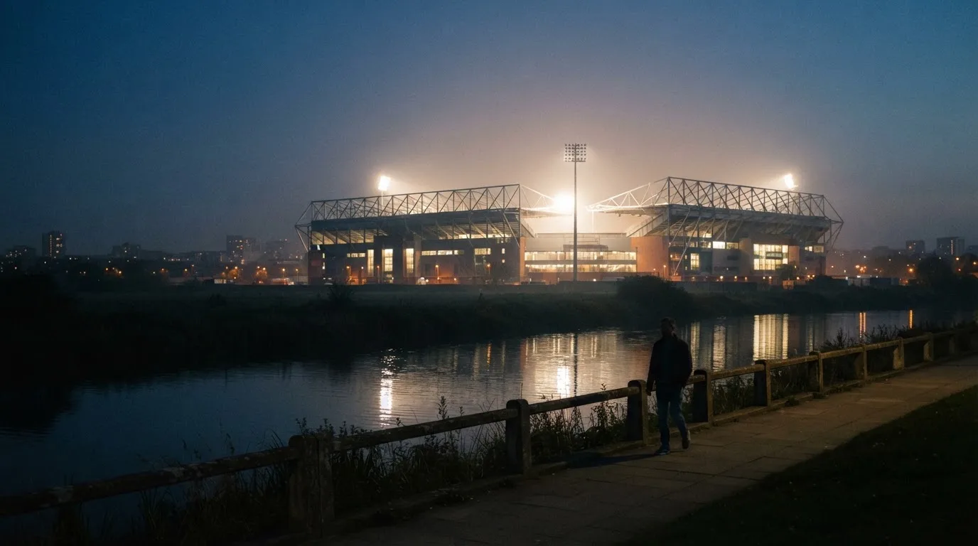 Ein Stadion unter Flutlicht aus der Ferne gesehen, im Vordergrund ein ruhiger Fluss und ein Fußweg.