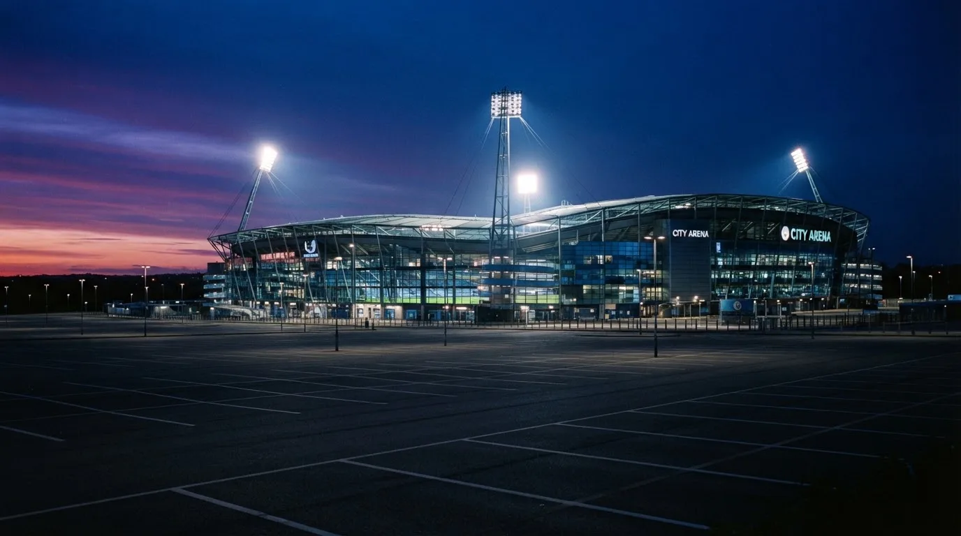 Ein Stadion unter Flutlicht aus der Ferne gesehen, davor ein leerer Parkplatz in der Dämmerung.