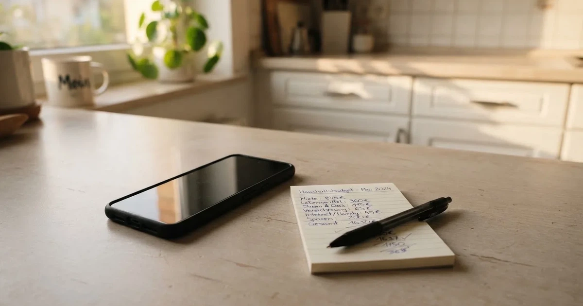 Ein Taschenrechner, ein Stift und ein Smartphone mit dunklem Bildschirm liegen auf einem Küchentisch im Morgenlicht.
