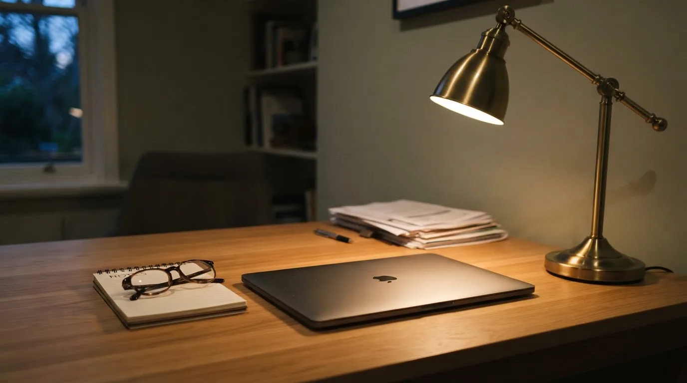 Ein Schreibtisch mit Lampe und geschlossenem Laptop in einem ruhigen Büro bei Abendlicht.