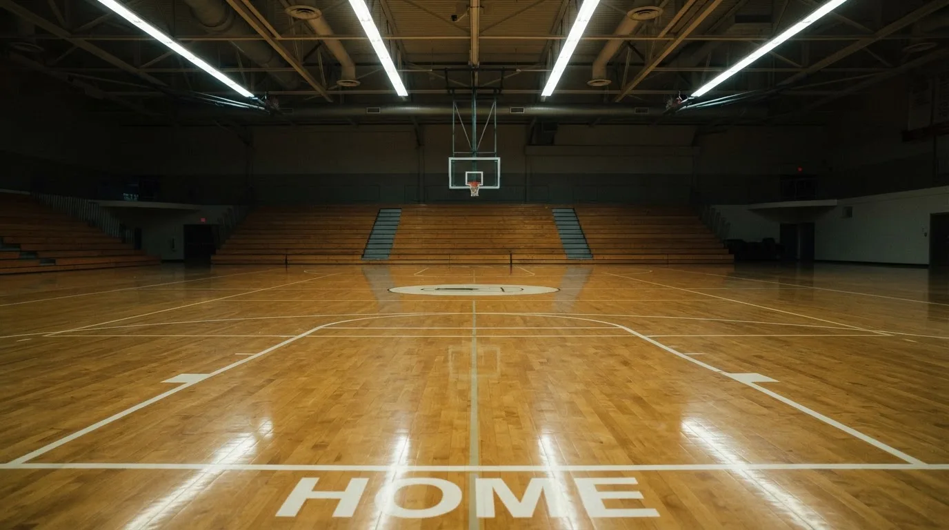 Ein Basketballfeld in einer leeren Halle, das Parkett spiegelt das Deckenlicht.