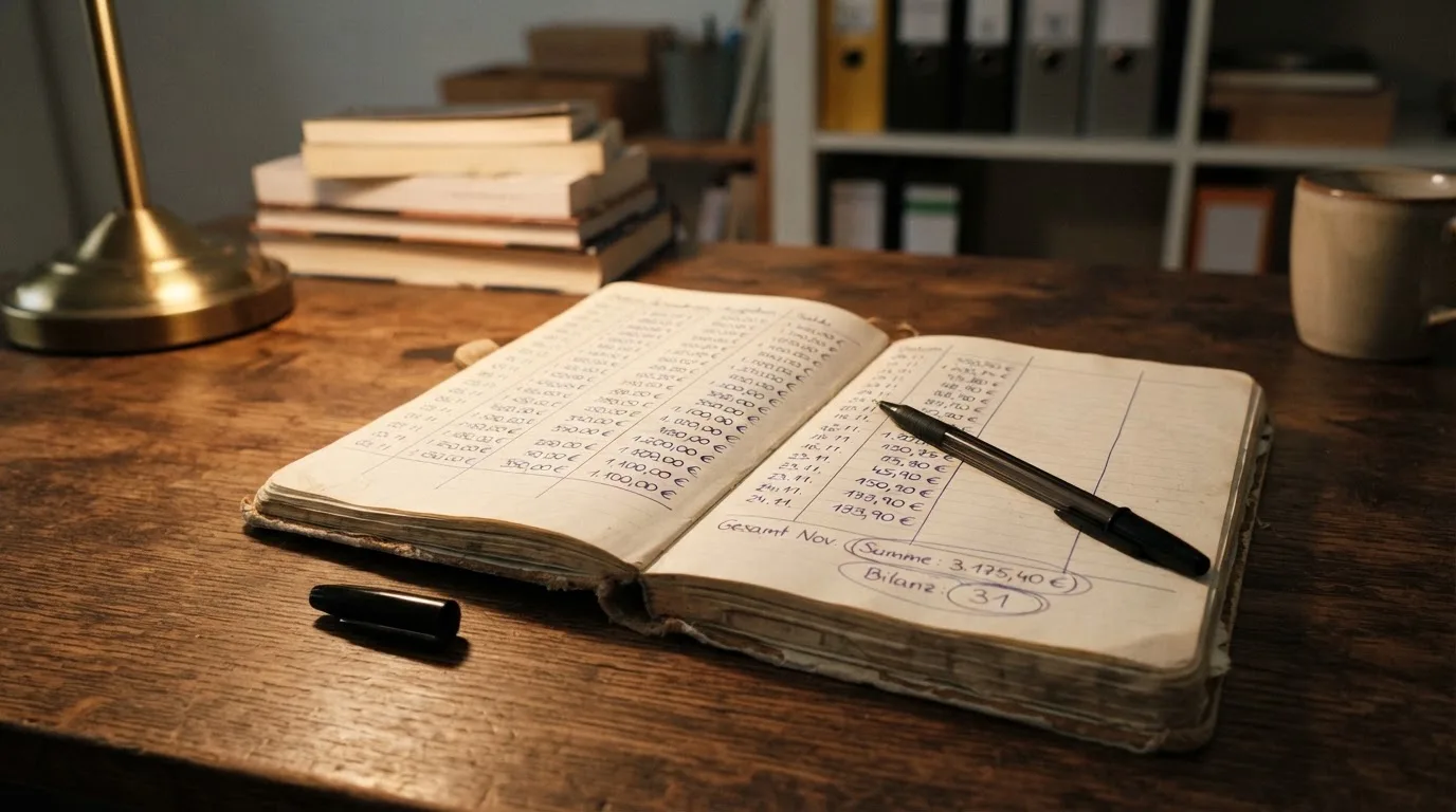 Ein Taschenrechner und ein Notizbuch mit handschriftlichen Zahlenreihen auf einem Schreibtisch neben einem Kugelschreiber.