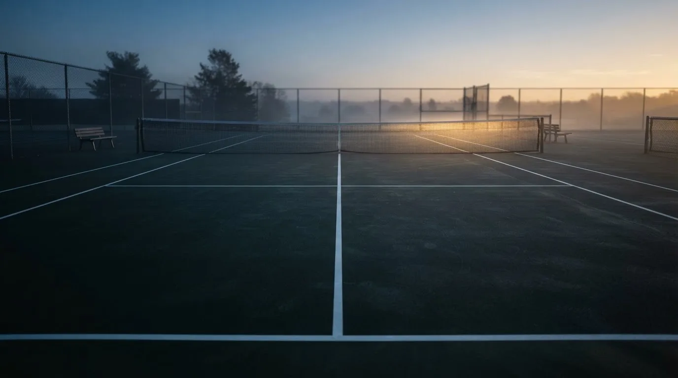 Ein Tennisplatz bei Sonnenaufgang, Netz und Linien im Streiflicht, ohne Menschen.