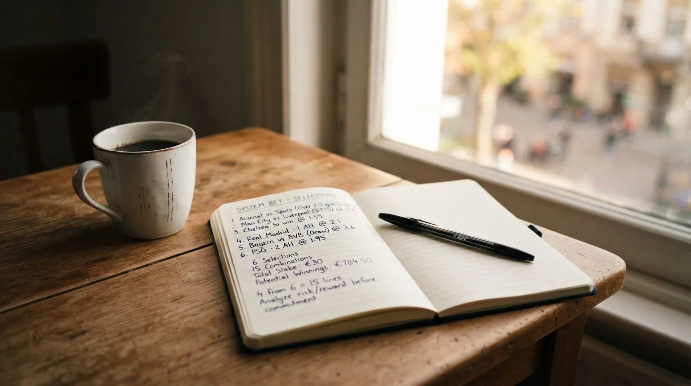 Ein aufgeschlagenes leeres Notizbuch mit Kugelschreiber neben einer Tasse Kaffee auf einem Tisch am Fenster.