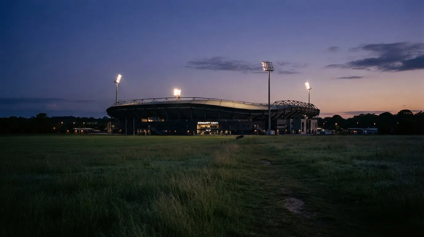 Ein Stadion unter Flutlicht aus der Ferne gesehen, im Vordergrund ein leeres Feld in der Dämmerung.