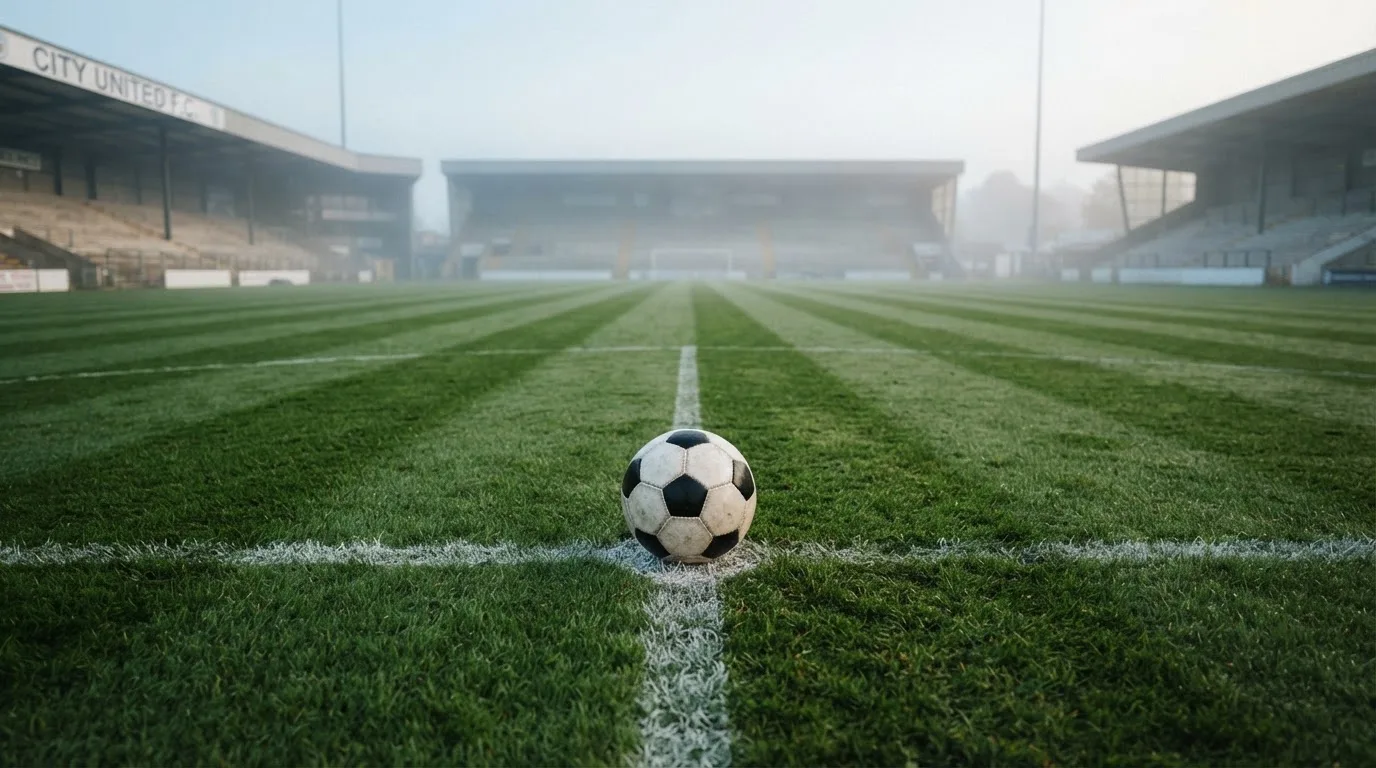 Ein Fußball liegt auf dem Anstoßpunkt eines leeren Rasenplatzes, im Hintergrund hängt Morgendunst über den Tribünen.
