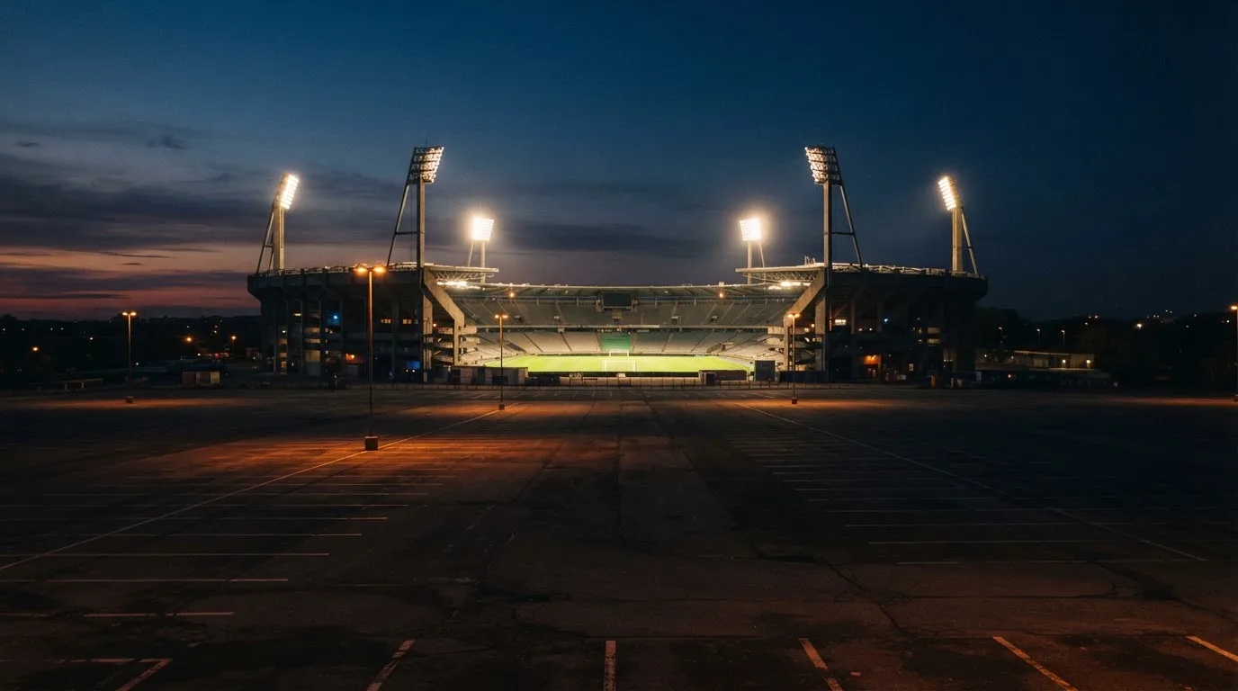 Ein Fußballstadion unter Flutlicht, aus großer Entfernung bei Einbruch der Dunkelheit gesehen, davor ein leerer Parkplatz.