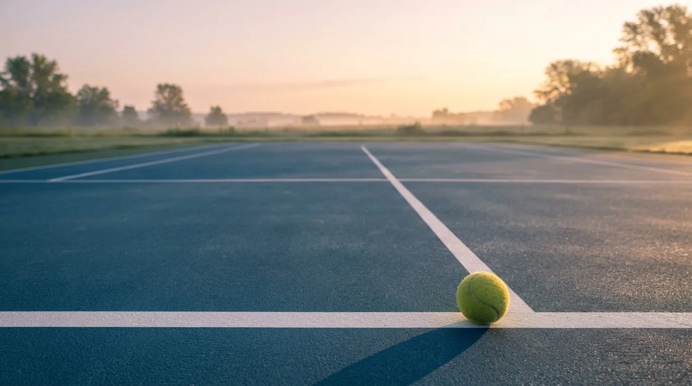 Ein Tennisplatz bei Sonnenaufgang, die Linien noch taufeucht, ein einzelner Ball liegt an der Grundlinie.