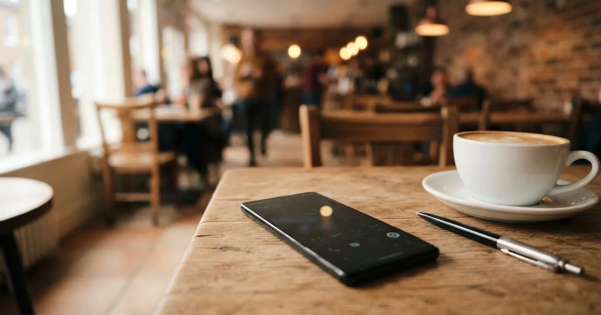 Ein Smartphone liegt mit dunklem Display auf einem Café-Tisch neben einer Tasse Kaffee und einem Kugelschreiber.