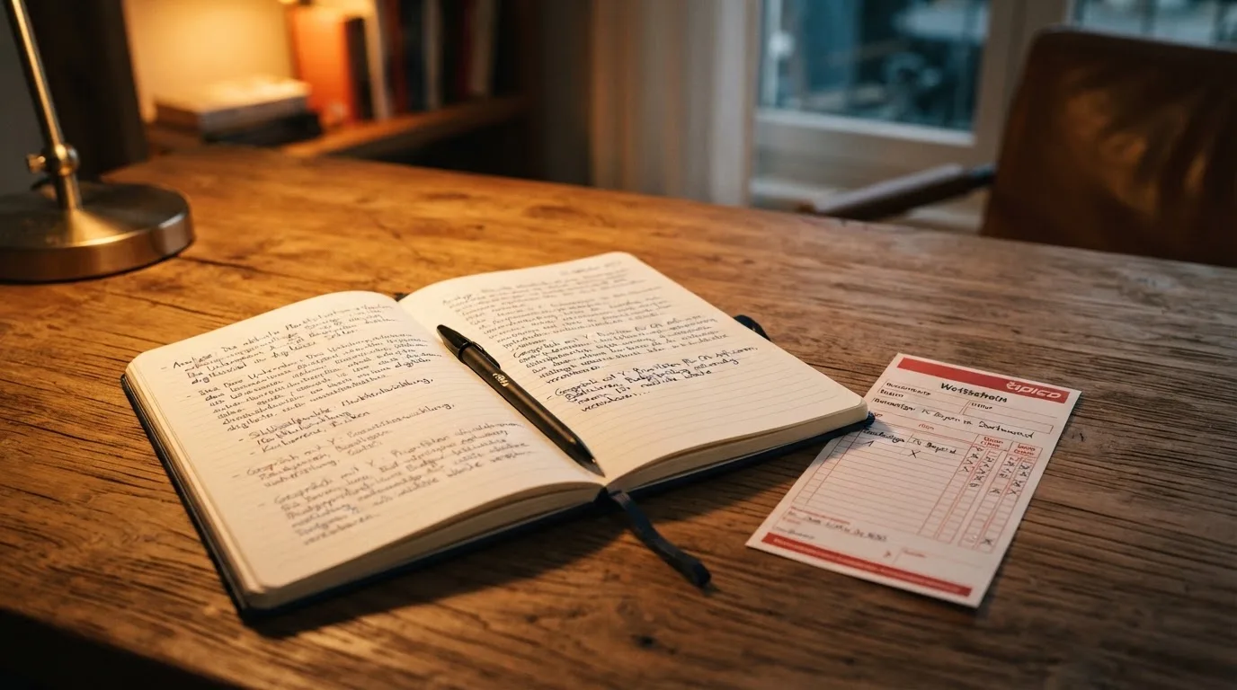Ein Notizbuch mit handschriftlichen Notizen liegt aufgeschlagen neben einem leeren Papier-Wettschein auf einem Holztisch.