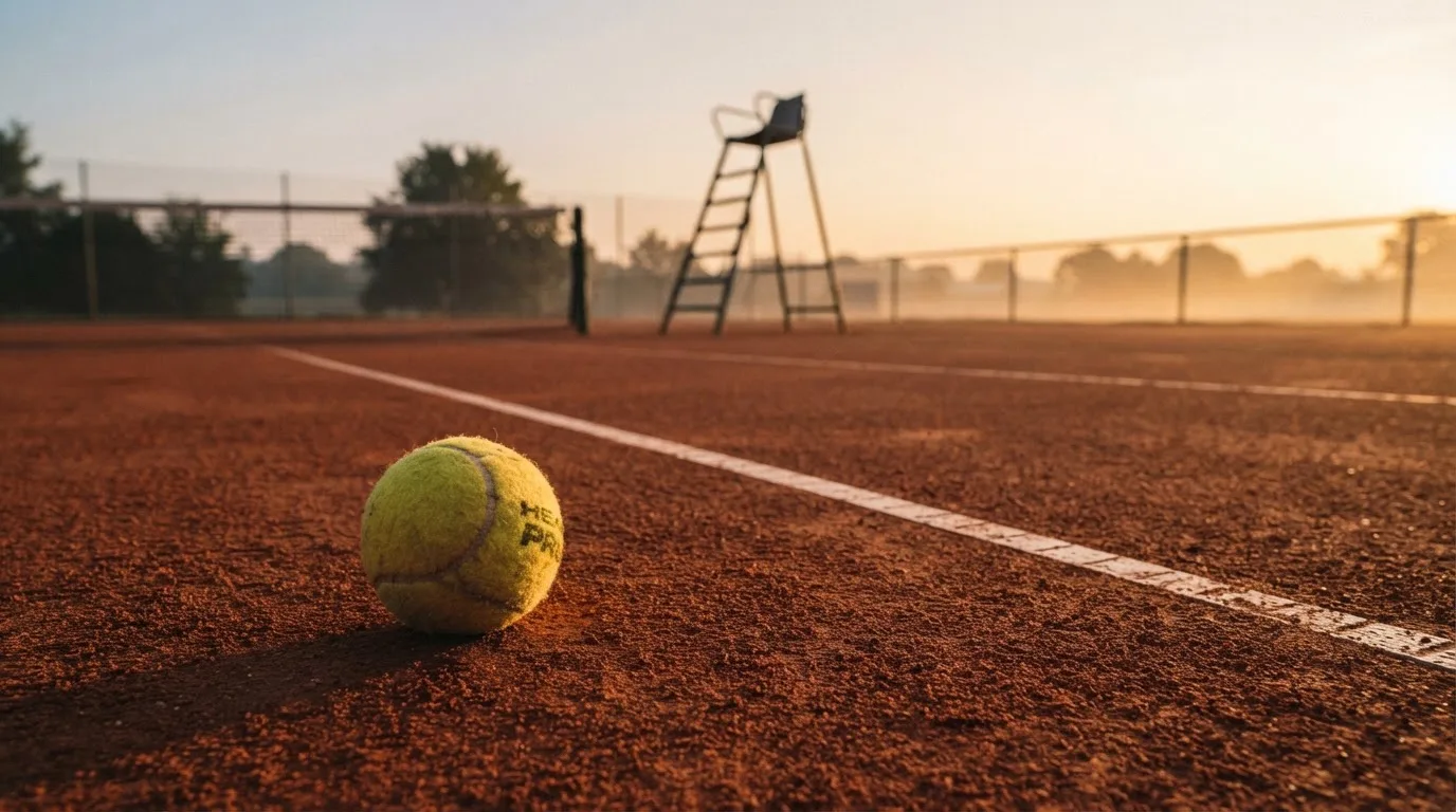 Ein Tennisball liegt auf einem roten Sandplatz bei Sonnenaufgang, im Hintergrund ein leerer Schiedsrichterstuhl.