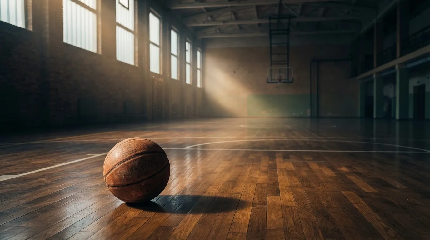 Ein Basketball liegt auf dem Parkett einer leeren Halle, Licht fällt durch hohe Fenster.