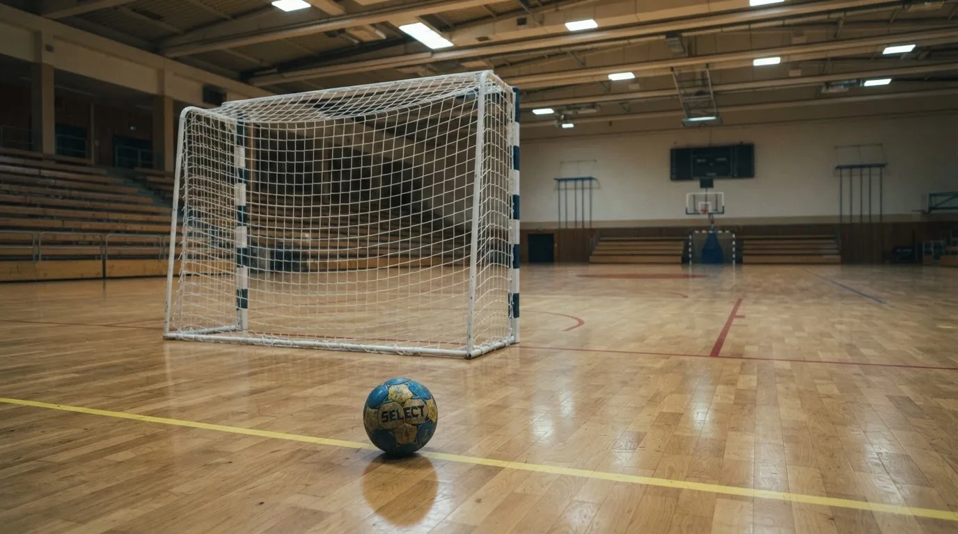Ein Handball liegt in einer leeren Halle auf dem Boden vor dem Tor.