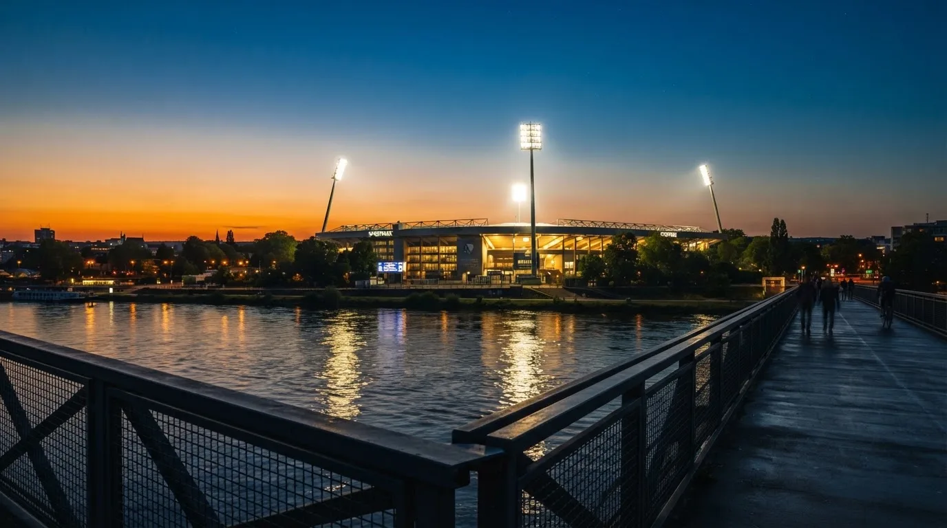 Ein Stadion bei Dämmerung mit eingeschalteten Flutlichtmasten, von einer Brücke aus aufgenommen.