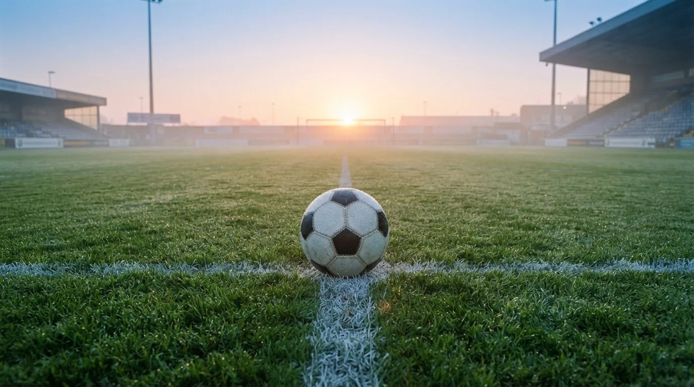 Ein Fußball liegt auf dem Anstoßkreis eines leeren Rasenplatzes im frühen Morgenlicht.