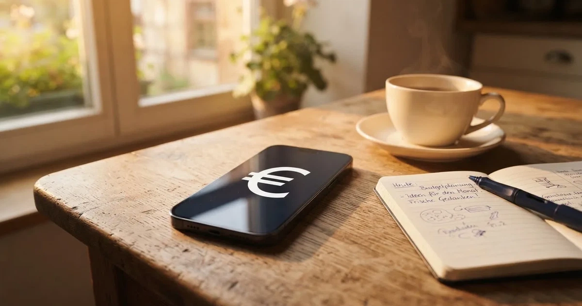 Ein Smartphone mit dunklem Display liegt neben einer Kaffeetasse und einem Notizbuch auf einem Küchentisch.