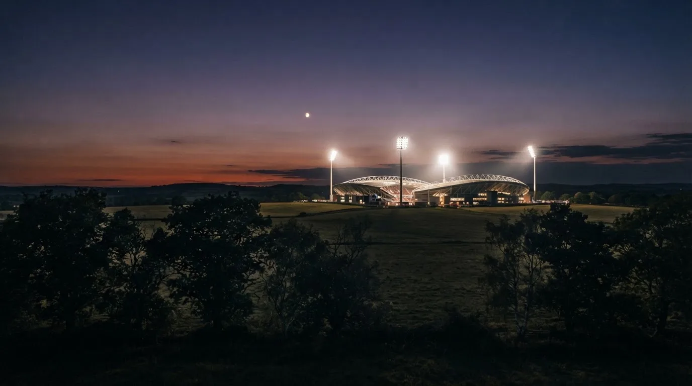 Ein Stadion unter Flutlicht aus großer Entfernung, davor die Silhouetten von Bäumen im Abendhimmel.