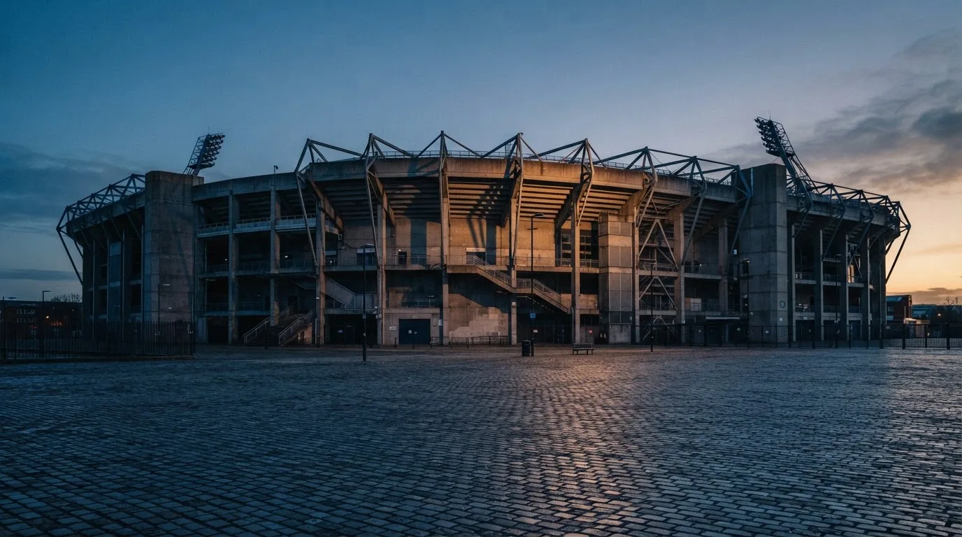 Die Rückseite einer Tribüne bei Dämmerung, davor ein menschenleerer Vorplatz mit Pflastersteinen.