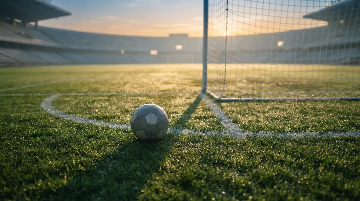 Ein Fußball auf dem Rasen vor einem leeren Tor im frühen Morgenlicht.