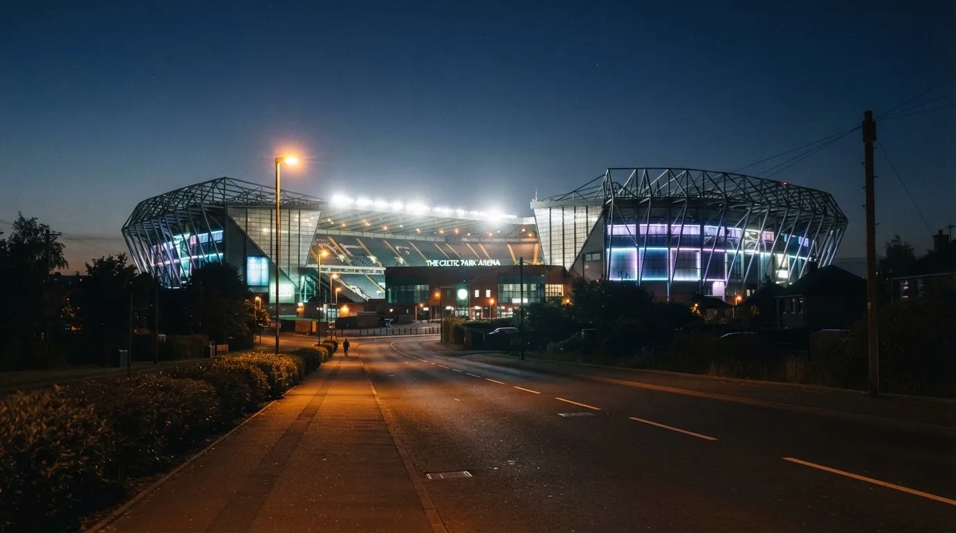 Ein Stadion aus der Ferne bei Flutlicht, davor eine ruhige Straße in der Abenddämmerung.
