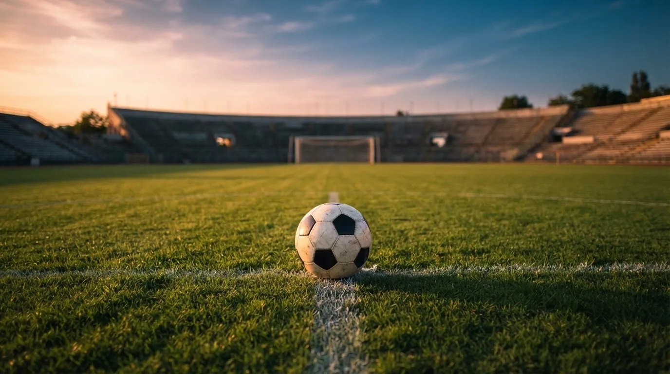 Ein Fußball liegt in der Mitte eines leeren Rasenplatzes, am Horizont färbt sich der Himmel orange.