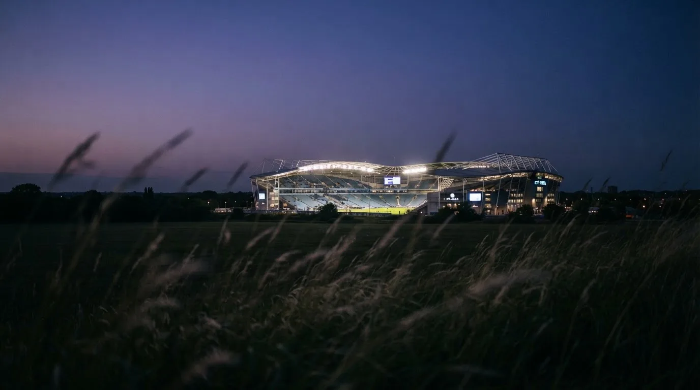Ein hell beleuchtetes Stadion aus der Ferne in der Dämmerung, im Vordergrund ein Feld mit hohem Gras.