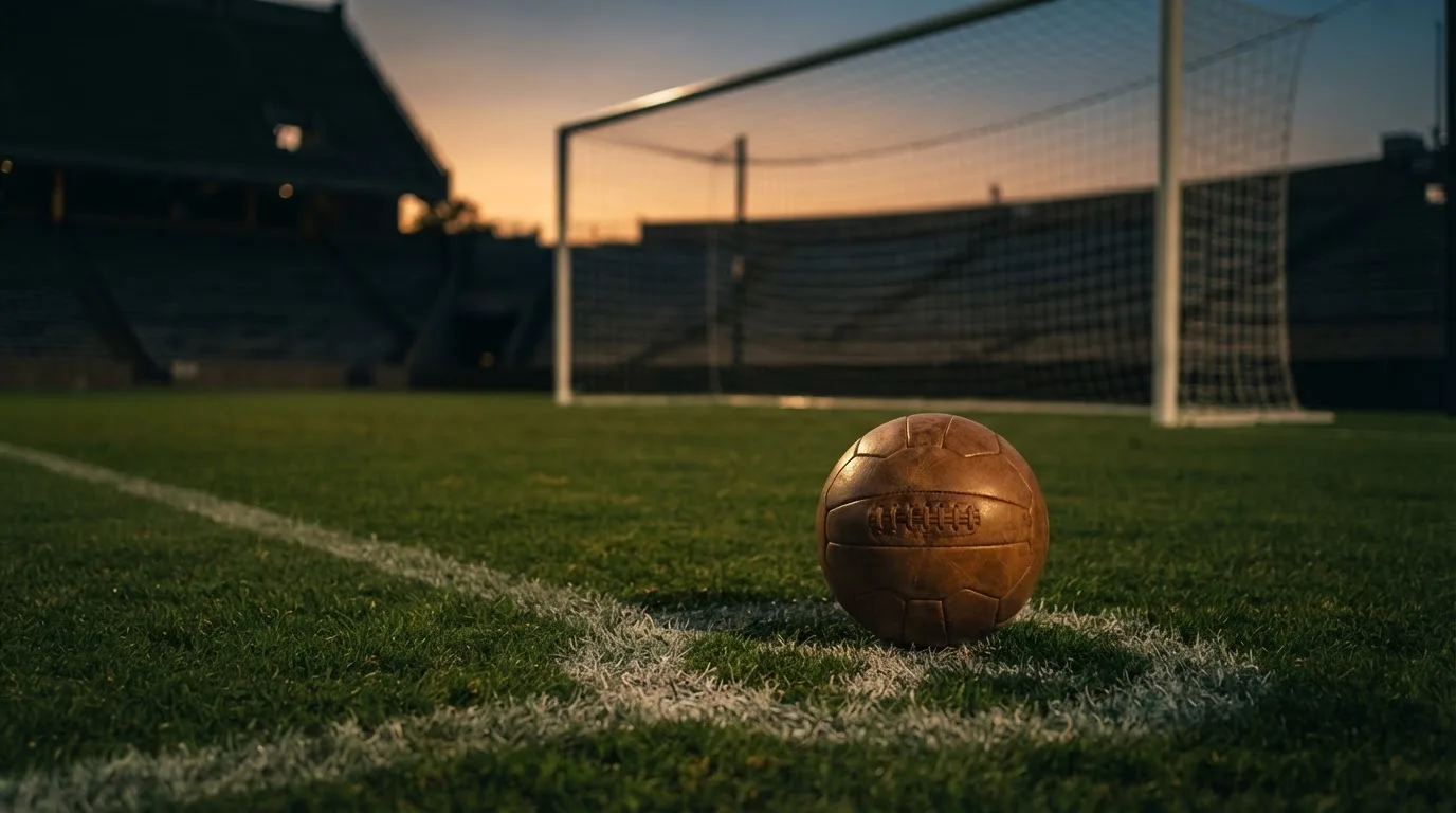 Ein Fußball liegt im Strafraum eines leeren Platzes, dahinter die Netze des Tores im Abendlicht.