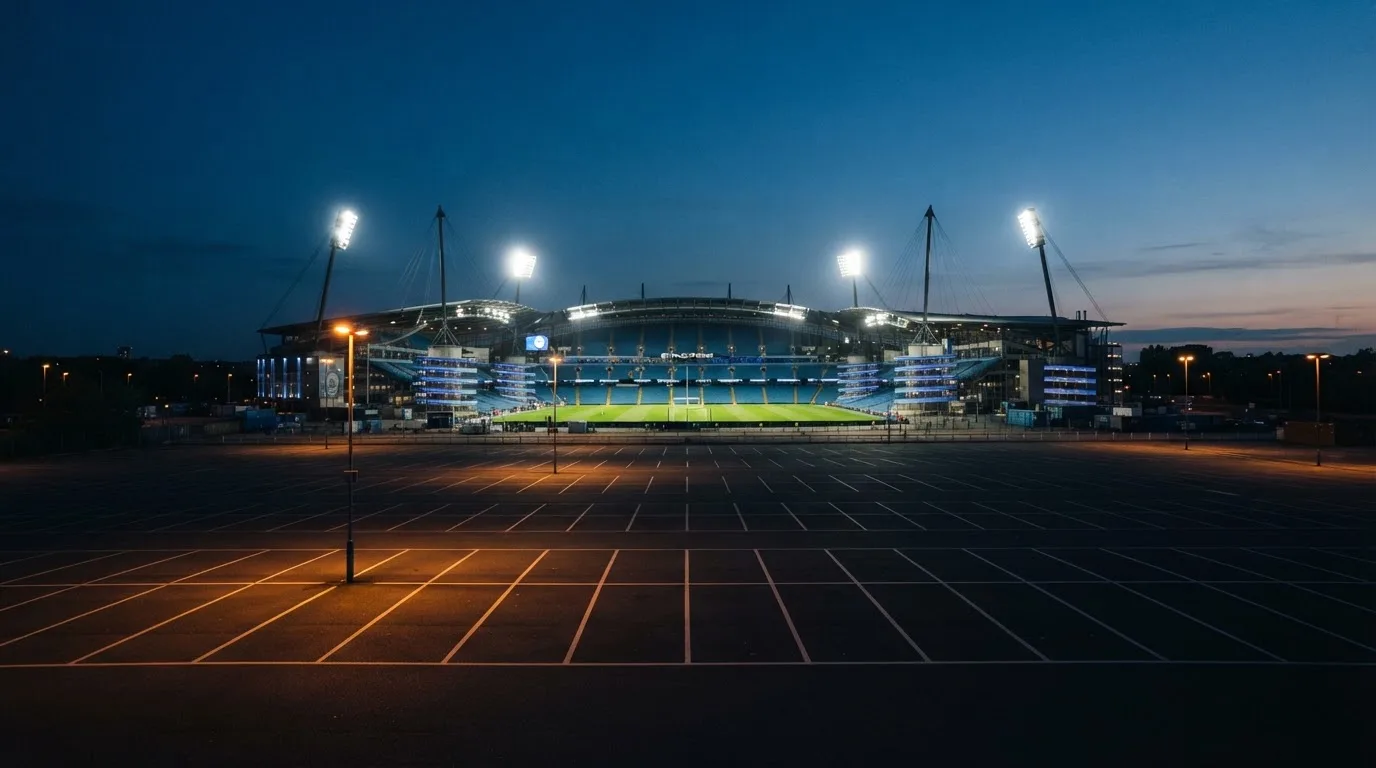 Ein Stadion unter Flutlicht aus großer Entfernung bei Einbruch der Dunkelheit, davor ein stiller Parkplatz.