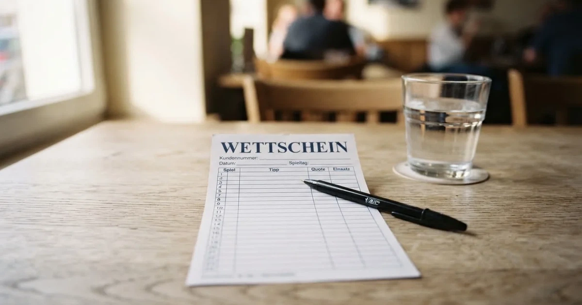 Ein leerer Papier-Wettschein liegt zusammen mit einem Kugelschreiber auf einem Tisch, daneben ein Glas Wasser.