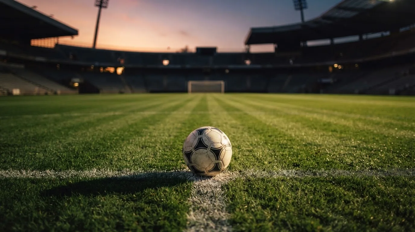 Ein Fußball liegt auf dem Elfmeterpunkt eines leeren Platzes im Abendlicht.