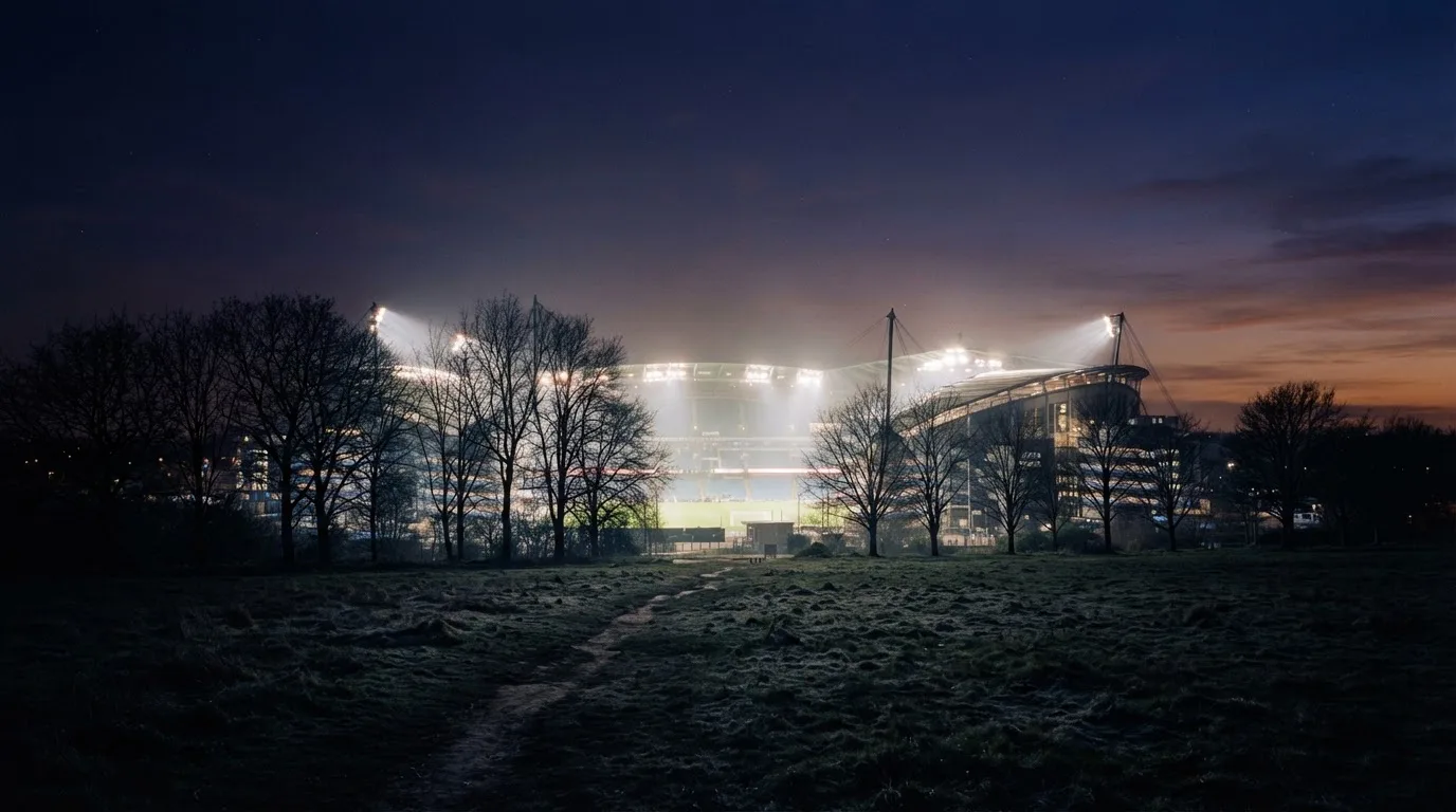 Ein Stadion unter Flutlicht, aus großer Entfernung gesehen, davor eine Reihe kahler Bäume im Dämmerlicht.
